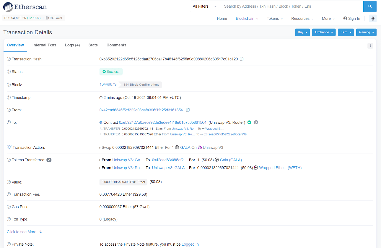 Etherscan 交易详情页"成功"状态截图
