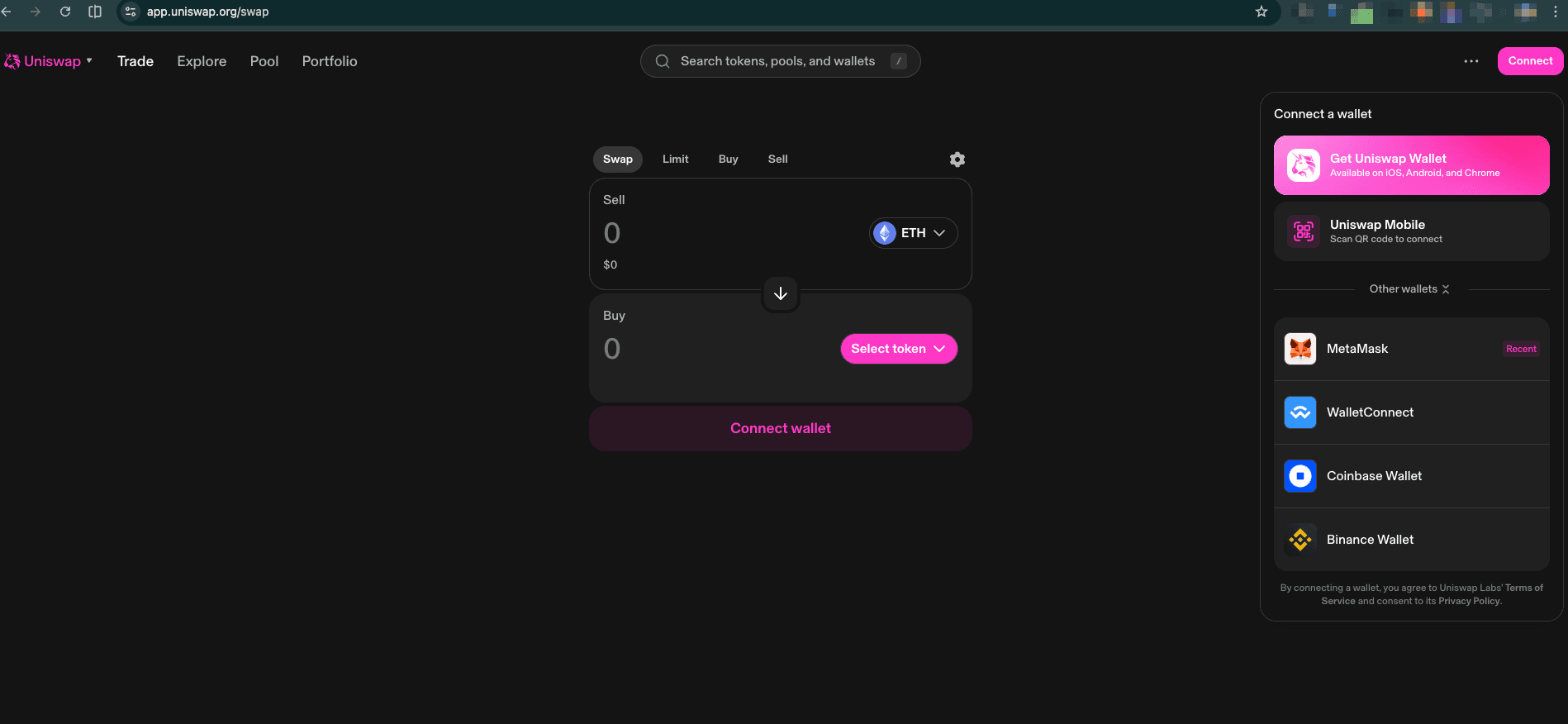 Uniswap 首屏 Connect 按钮与钱包选择弹窗